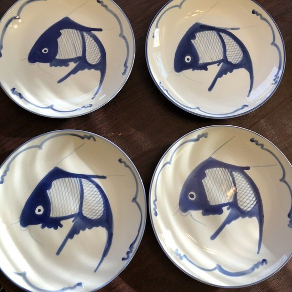 Other - Vintage Set Of 4 Chinese Blue & White Ceramic Koi Fish Carp 9" Plates